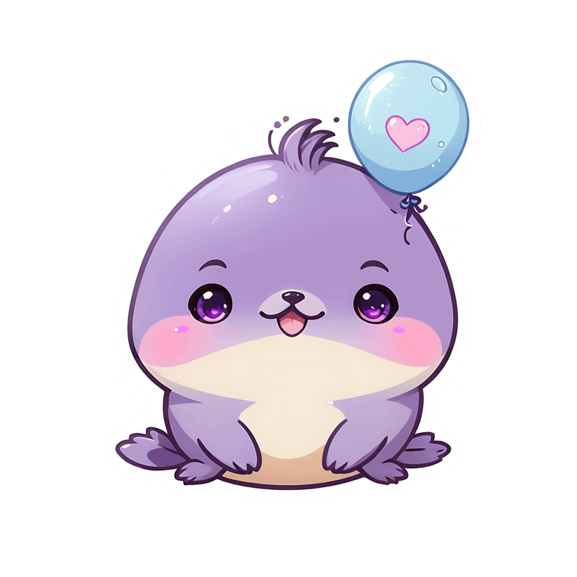 Purple seal sticker character holding a light blue heart balloon with white outlines and small star accents.