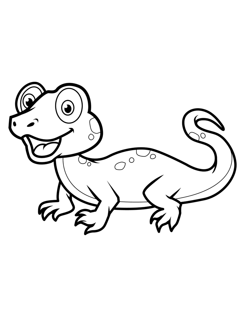 Lizard coloring page line art features a smiling cartoon reptile with large eyes and spots on its back and tail.