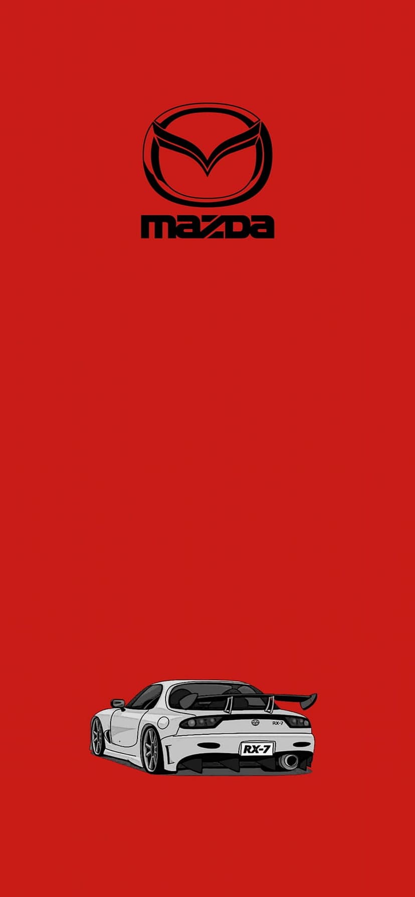 Black silhouette of a Mazda RX-7 and a white brand logo centered on a vibrant solid red vertical background.