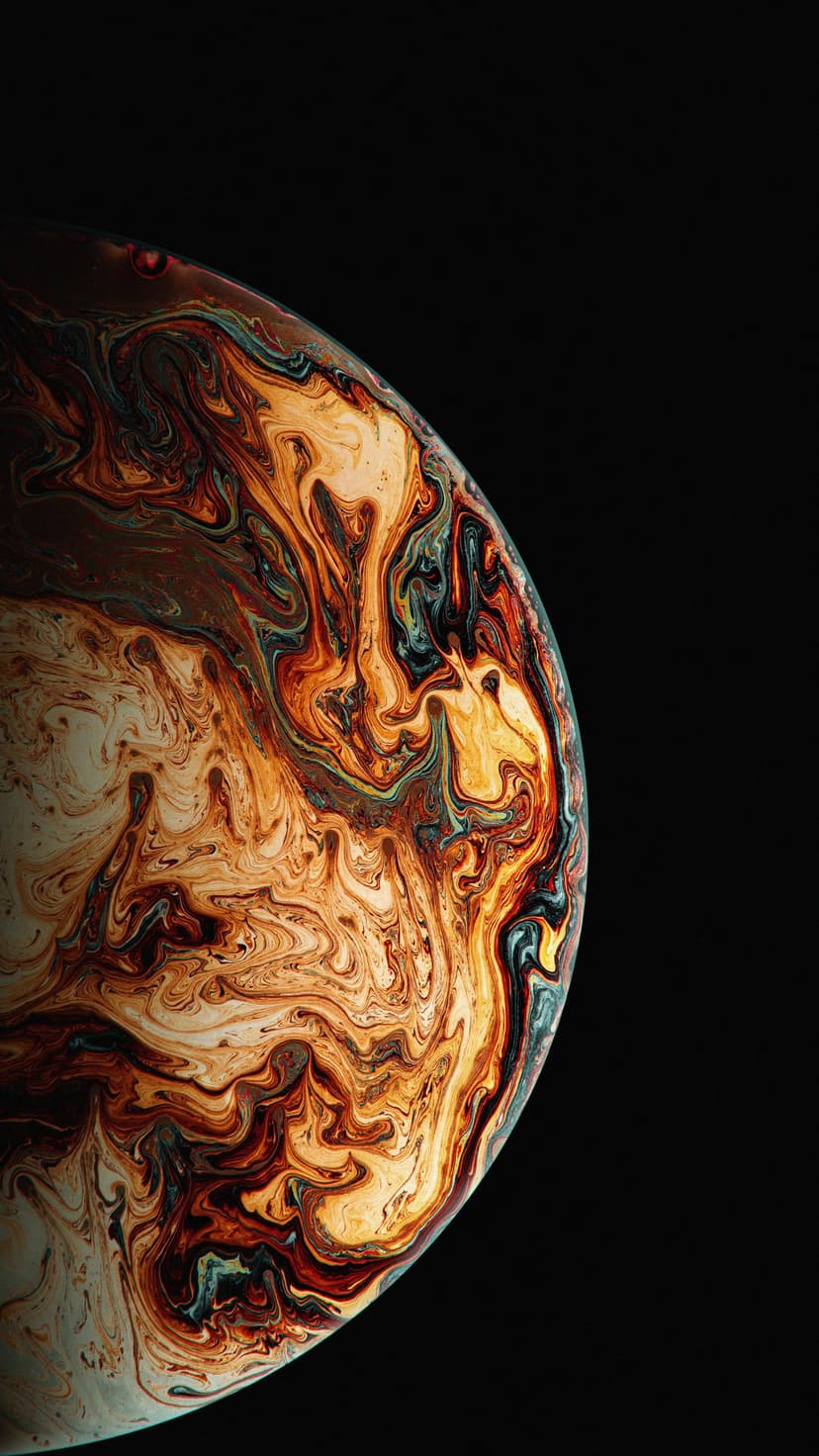 Swirling iridescent patterns of gold and blue light dance across the dark surface of a macro soap bubble.