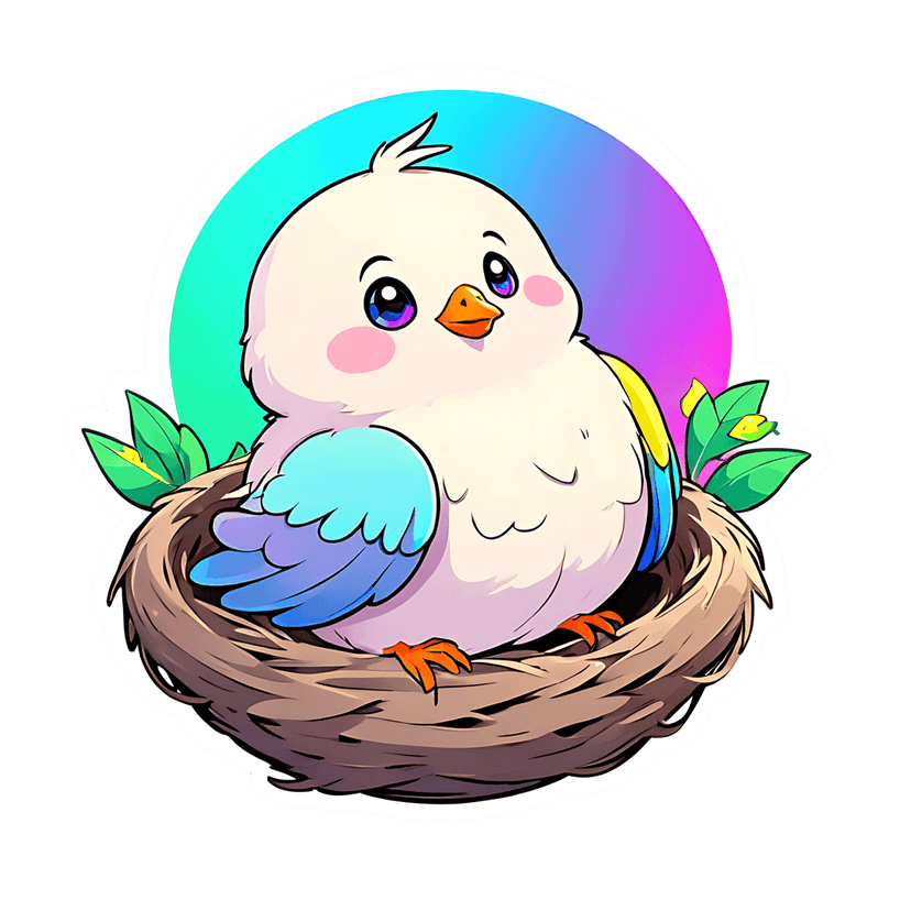 White fluffy chick sits in a brown bird nest featuring green leaves and a teal purple gradient background.