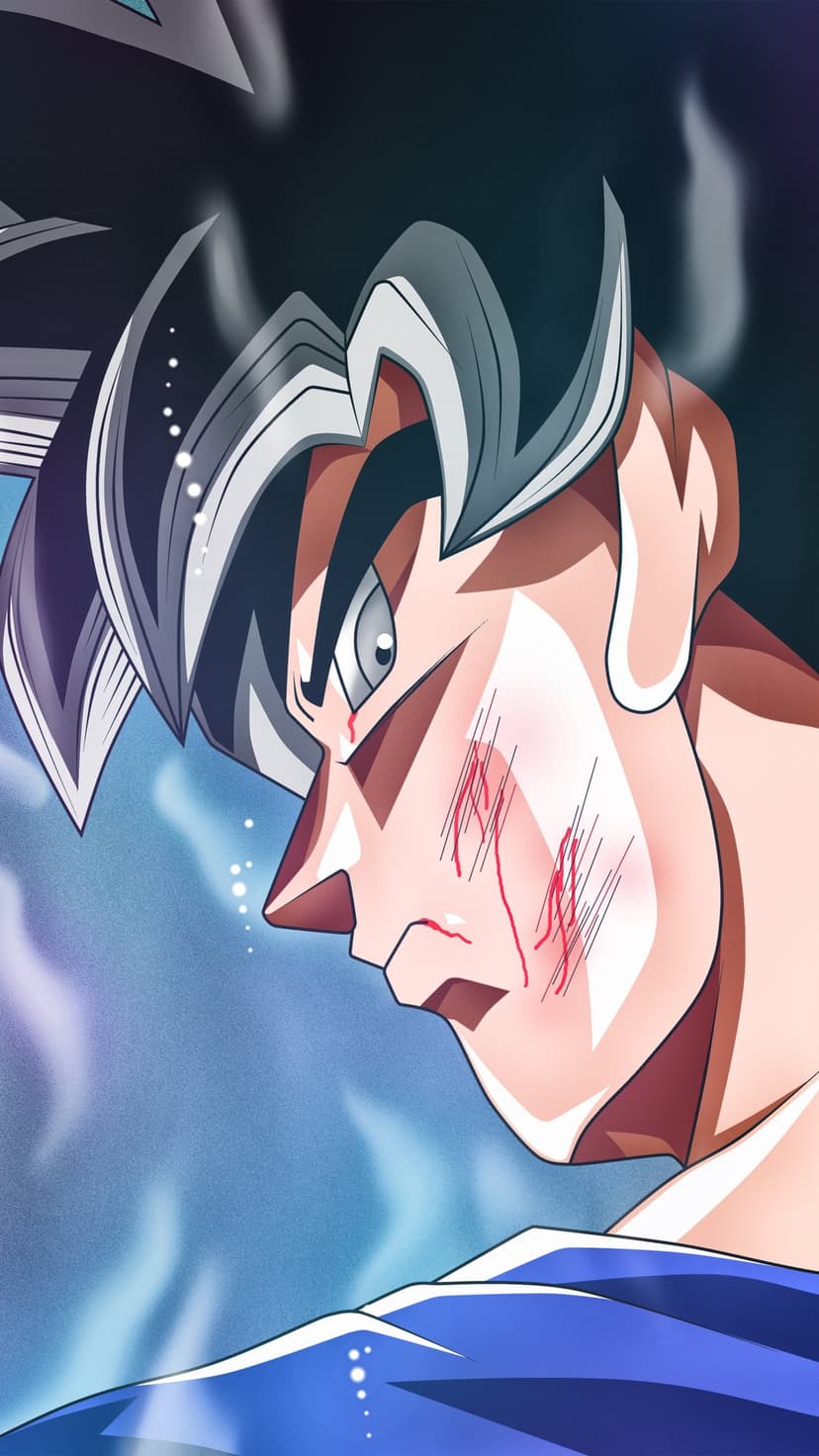 Goku with silver hair and facial scars gazes intensely while surrounded by a glowing blue energy aura.