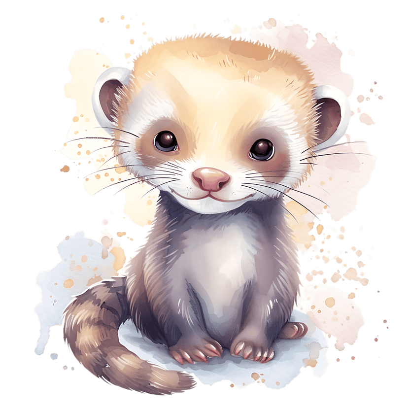 Ferret watercolor illustration shows a stylized animal sitting on soft pastel splashes with a fluffy tail.