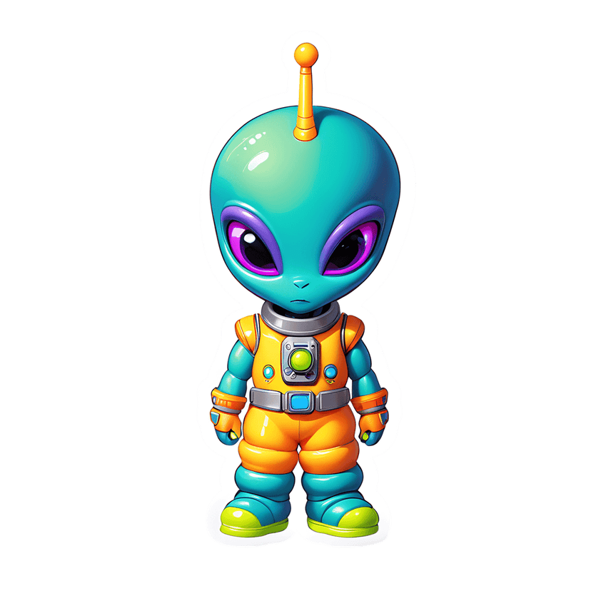 Teal alien in orange spacesuit stands centered with a white outline, featuring large purple eyes and boots.