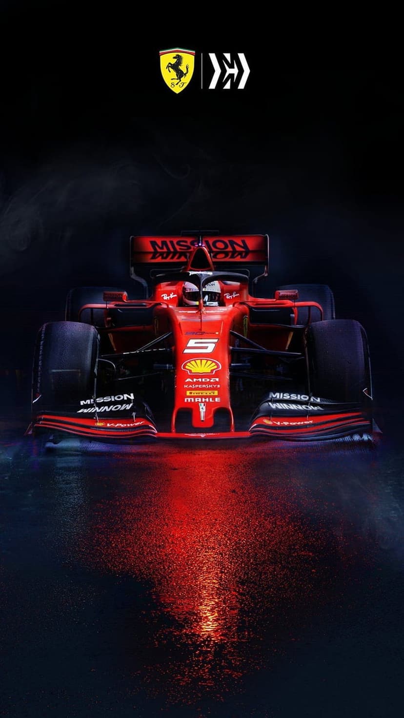 Red Ferrari F1 car with number 5 on a wet reflective surface under dark moody lighting with smoke effects.