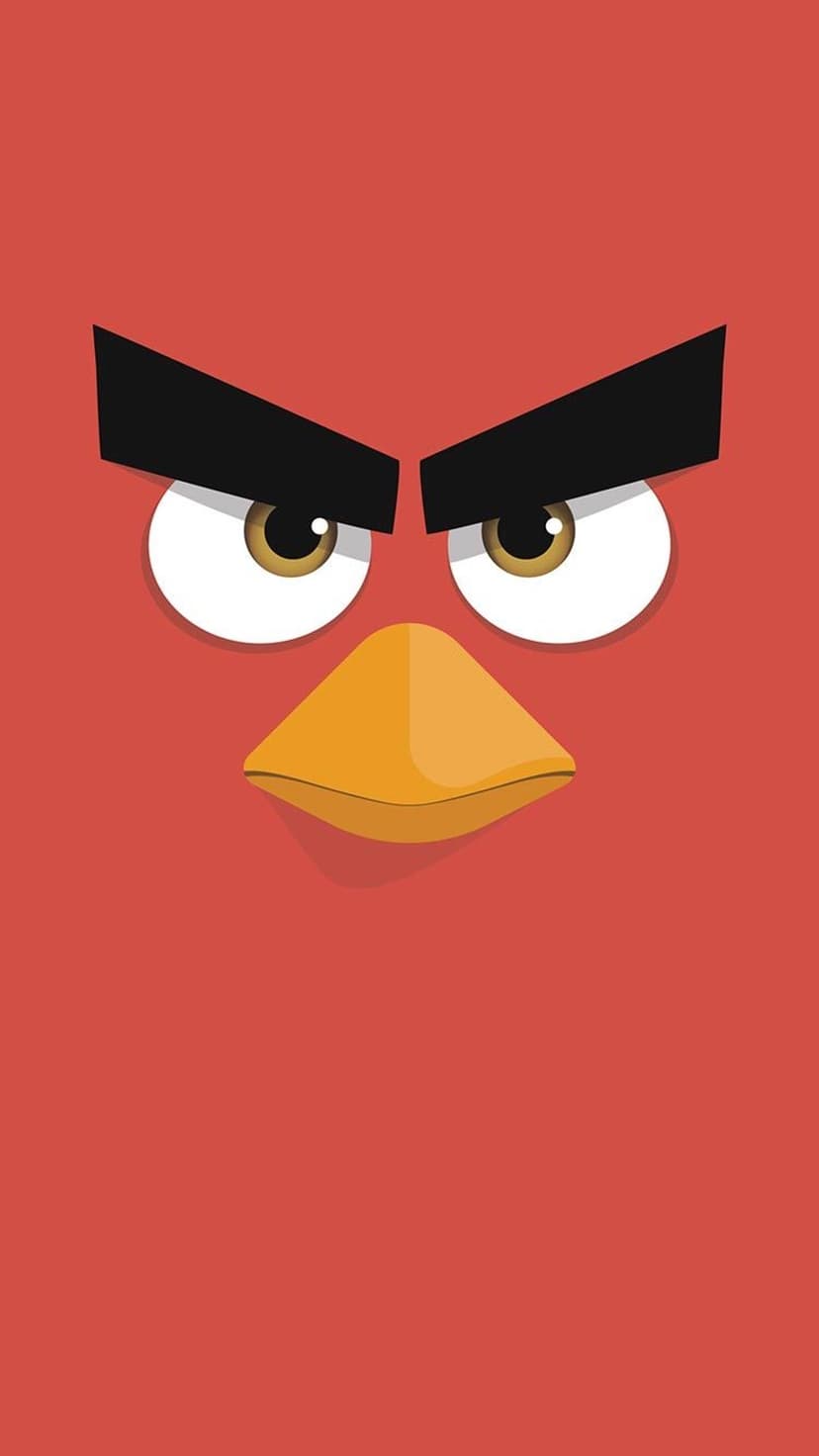 Red bird face with thick black eyebrows and a yellow beak centered on a saturated scarlet background.