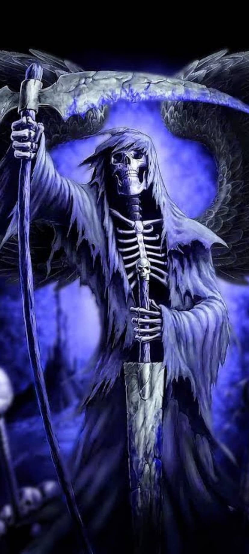 Skeletal reaper with large dark wings and a scythe stands before a misty blue background in tattered robes.