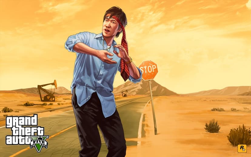 Tao Cheng with a red tie headband stands near a bullet-ridden stop sign in a dusty orange desert.