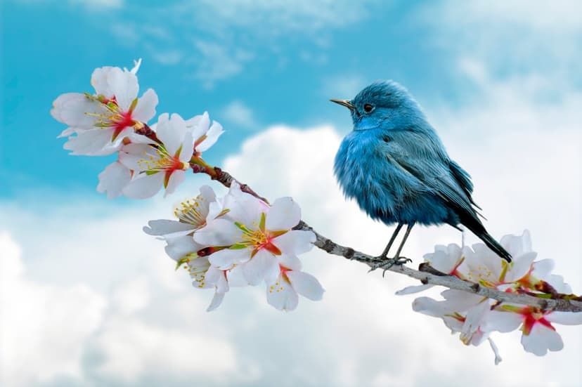 Blue bird perched on a white almond blossom branch against a bright sky with soft white clouds in the distance.