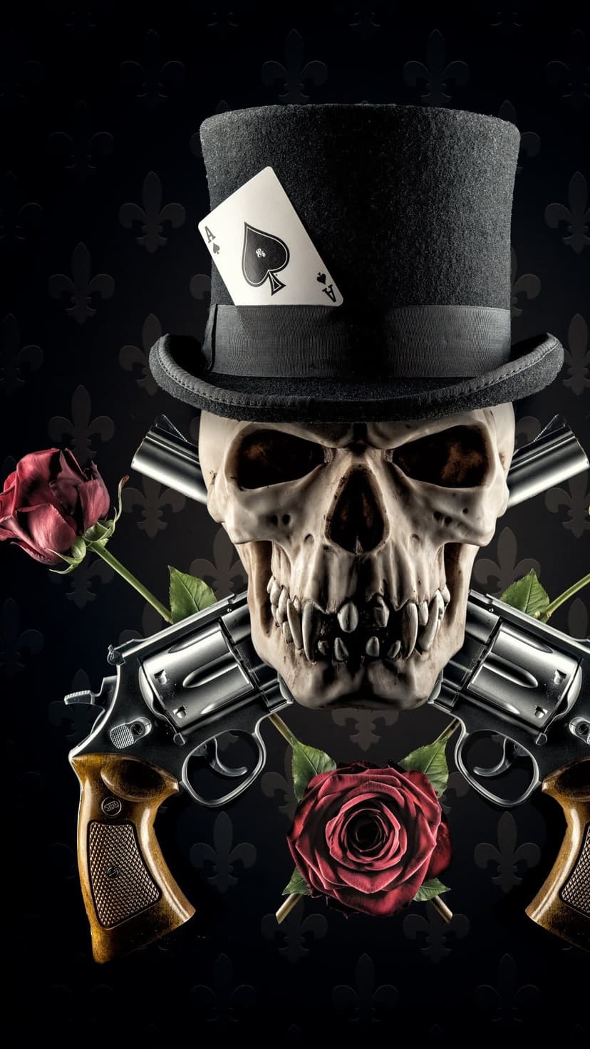 Skull wearing a top hat with an ace of spades card, crossed revolvers, and red roses against a dark backdrop.