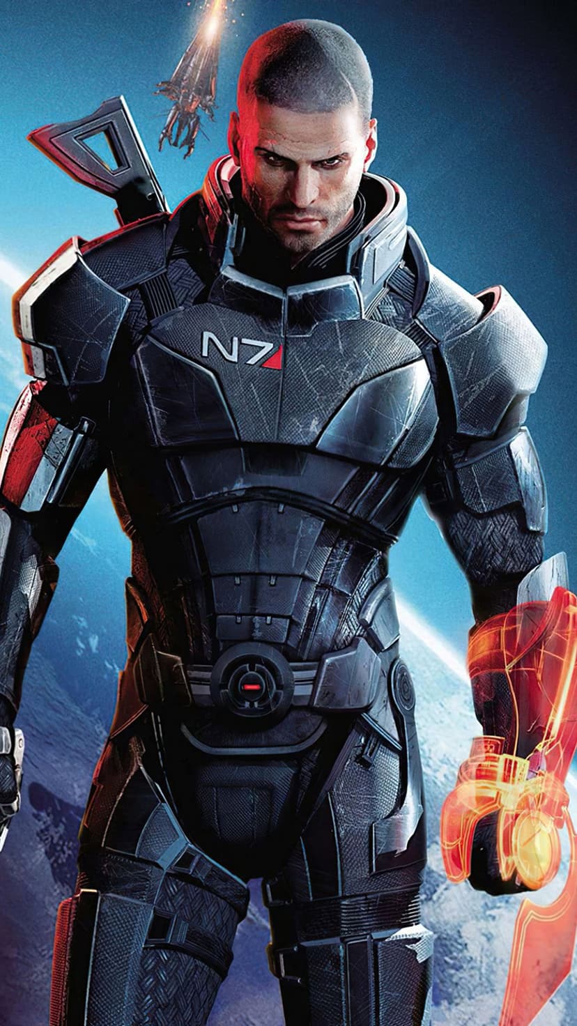 Commander Shepard in black N7 armor with a glowing orange Omni-blade against a space background with a Reaper.