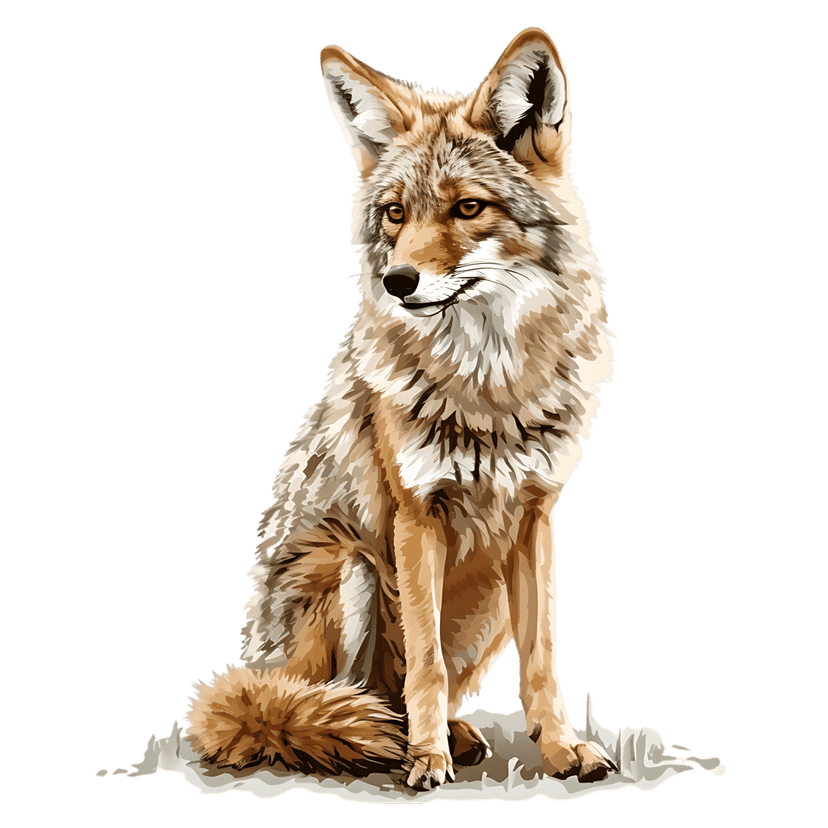 Coyote illustration with sandy-brown fur and amber eyes sits alertly against a stark high-contrast background.