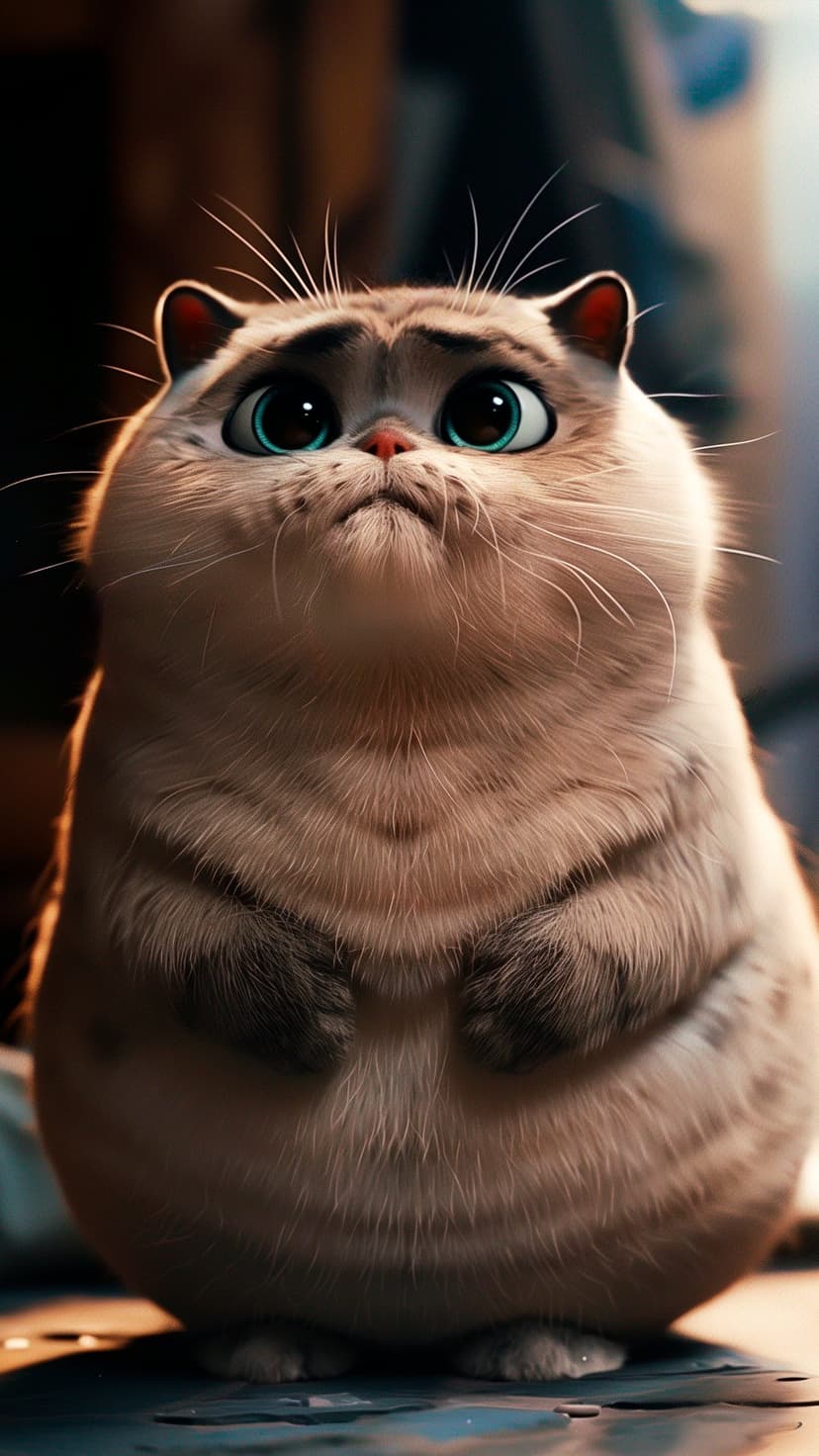 Round tabby cat with large blue eyes looks up with a hopeful expression under soft, warm lighting.