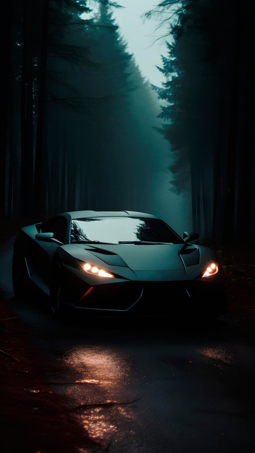 Sleek futuristic car with glowing headlights on a wet asphalt road surrounded by tall trees and thick night fog.