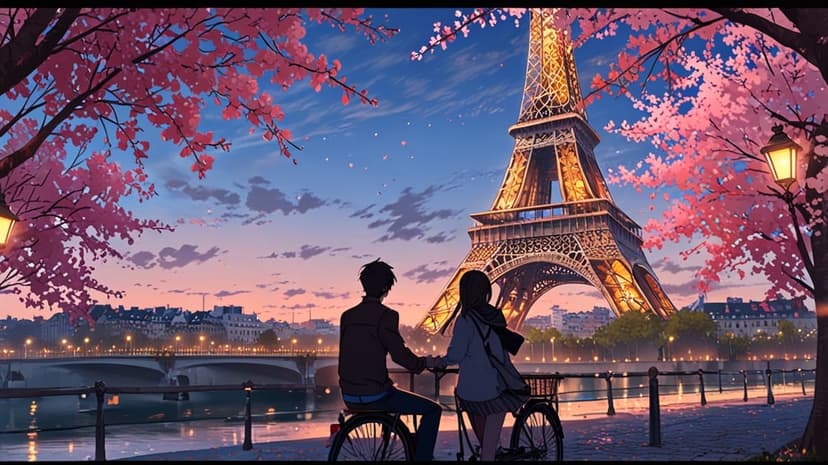 Two people on bikes look toward the Eiffel Tower while pink cherry blossoms frame a river reflecting city lights.