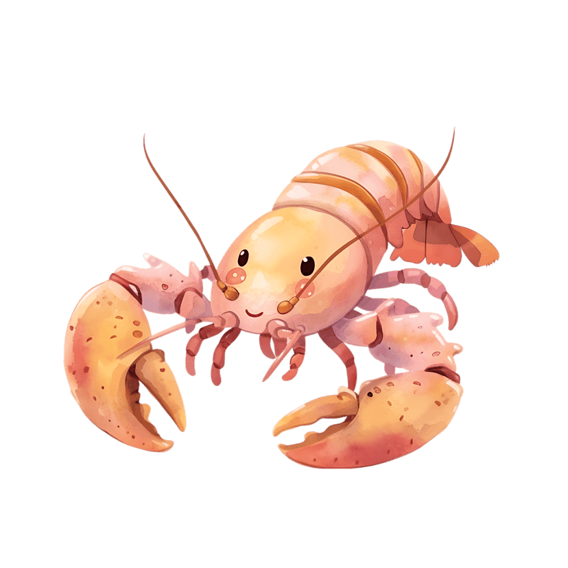 Lobster watercolor illustration with large orange claws and soft peach textures shown from a front-facing angle.