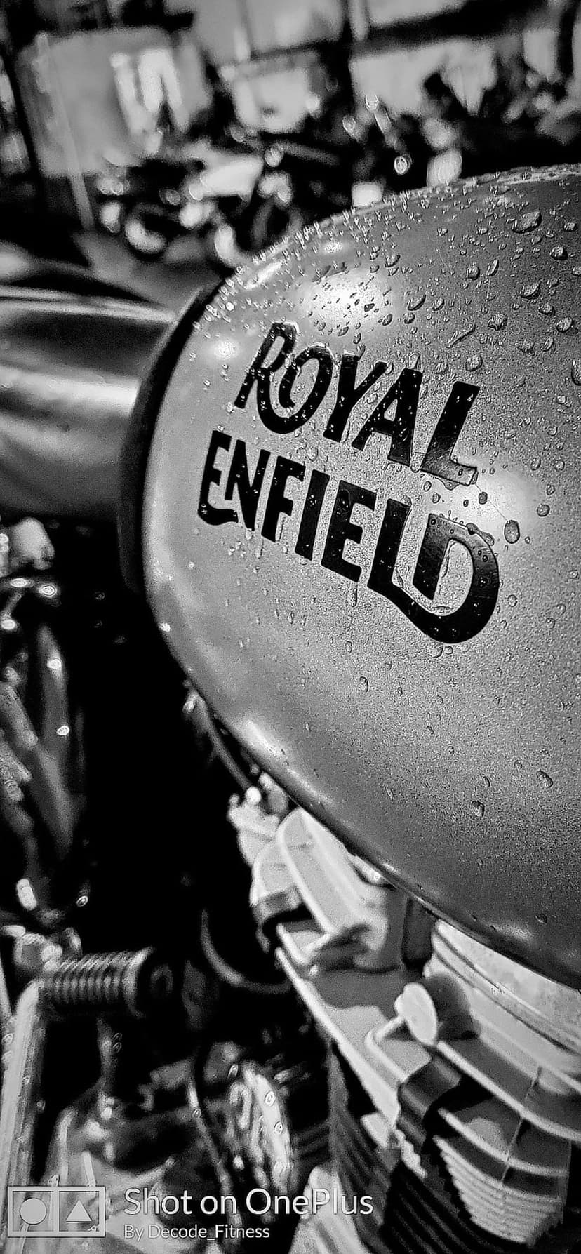 Royal Enfield motorcycle fuel tank covered in water droplets with a classic logo in black and white photography.