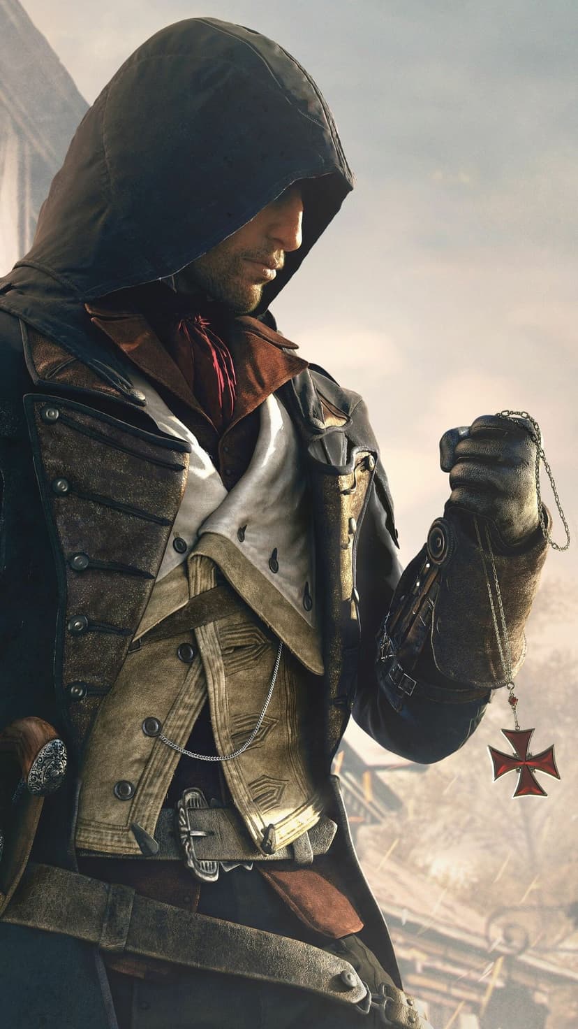A hooded assassin in detailed navy and brown robes holds a red Templar cross pendant in his gloved hand.