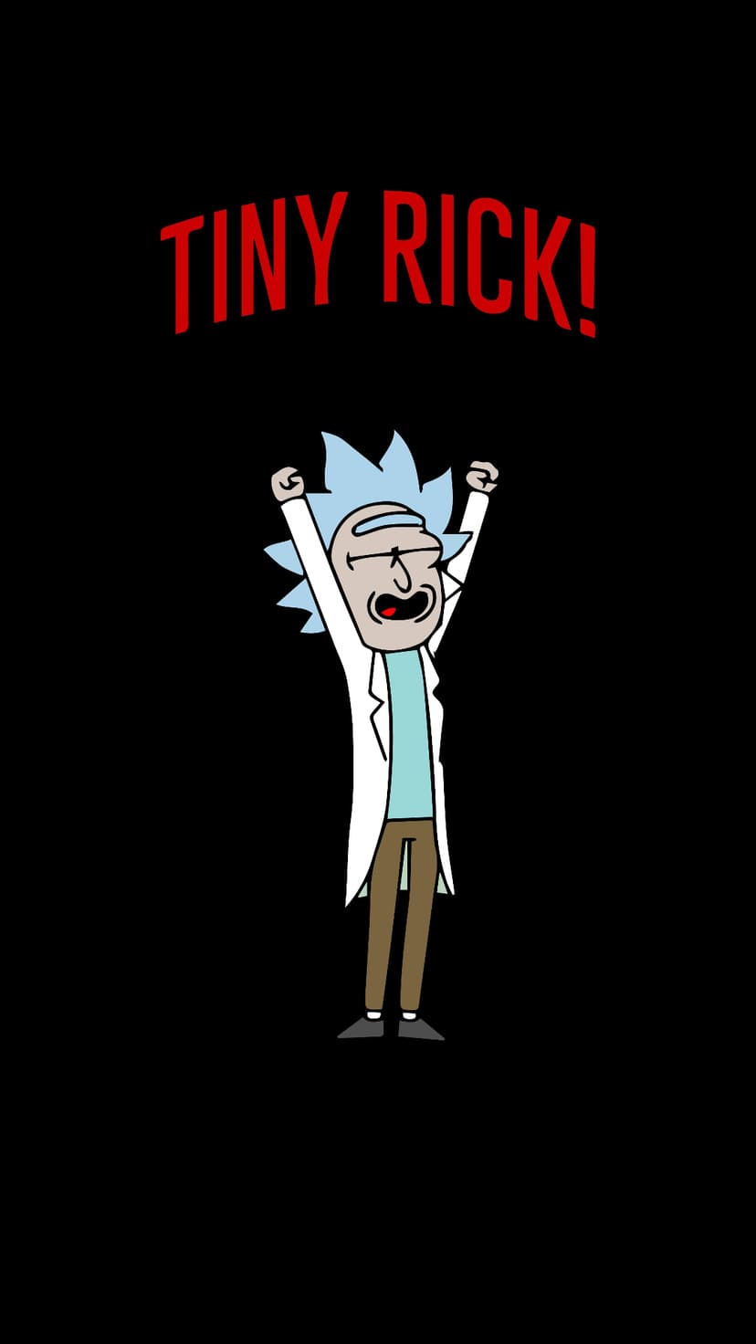 Tiny Rick Sanchez with blue spiky hair and arms raised in front of bold red Tiny Rick text on a black background.