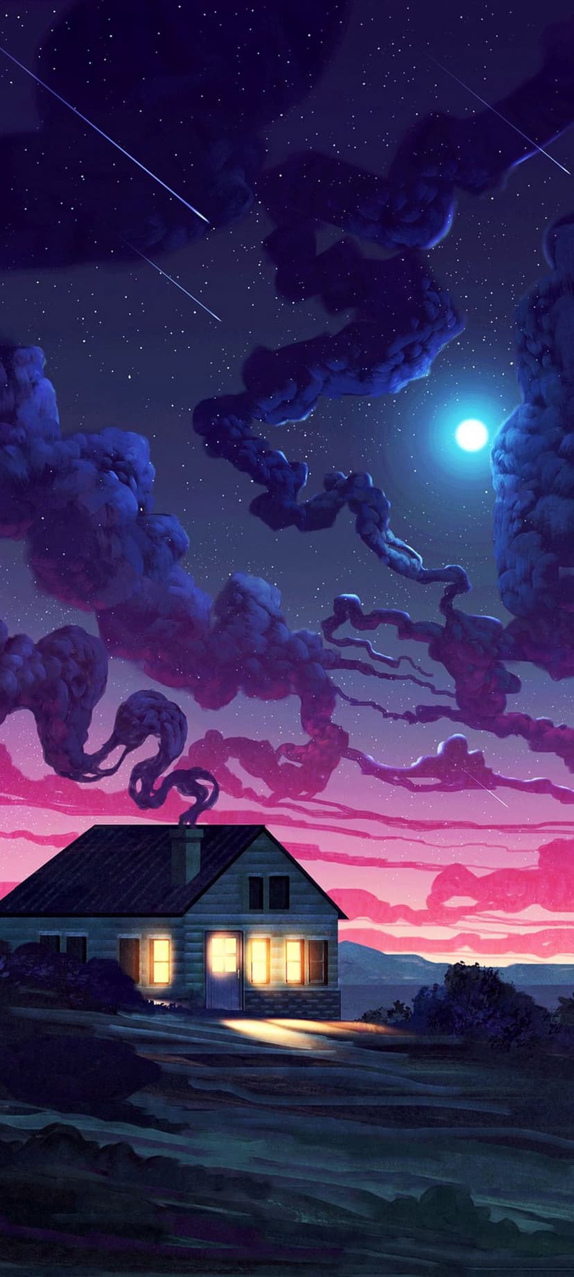 Small cottage with glowing windows sits under a purple nebula sky with a crescent moon and shooting stars.