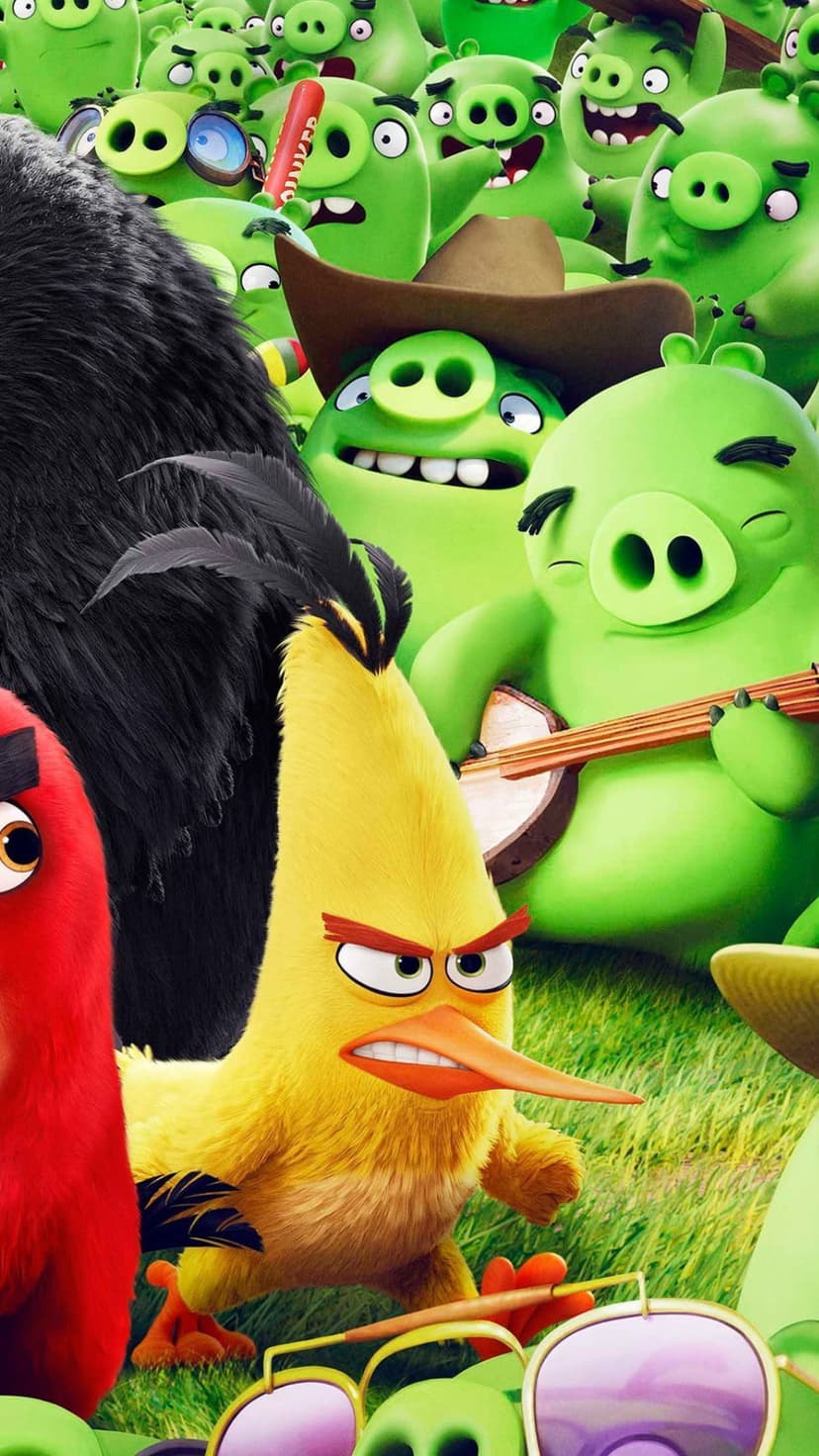 Red and Chuck lead a crowd of green pigs including one playing a banjo in a vibrant, lush forest setting.