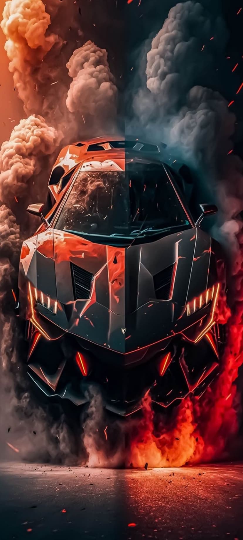 Futuristic sports car split by orange and blue light amid thick smoke plumes and glowing embers on a dark background.