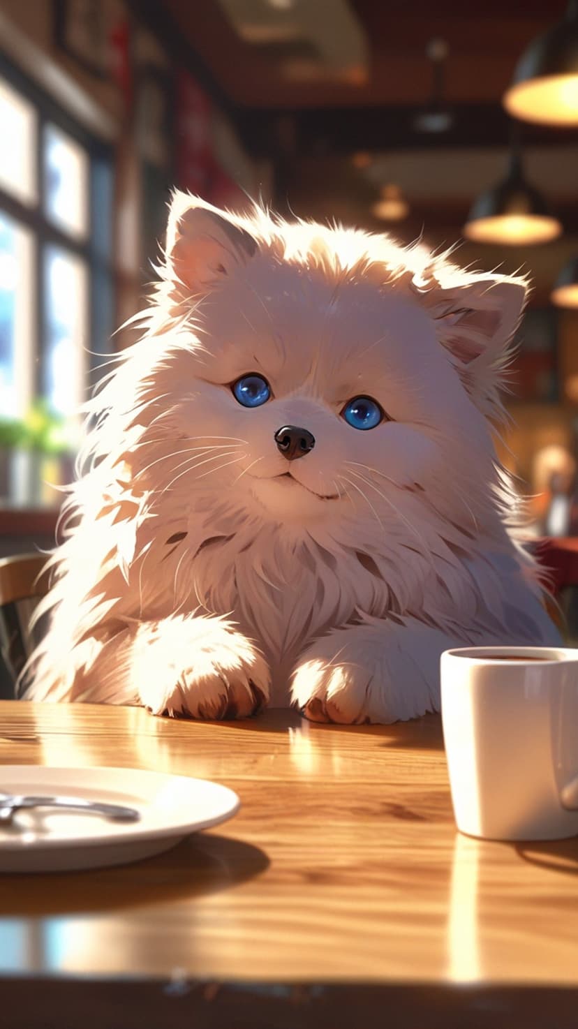 White Pomeranian puppy with blue eyes sits at a cafe table with a white coffee cup in bright sunlight.