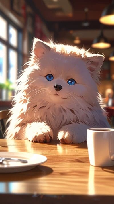 Fluffy Pomeranian Puppy with Blue Eyes at Cafe