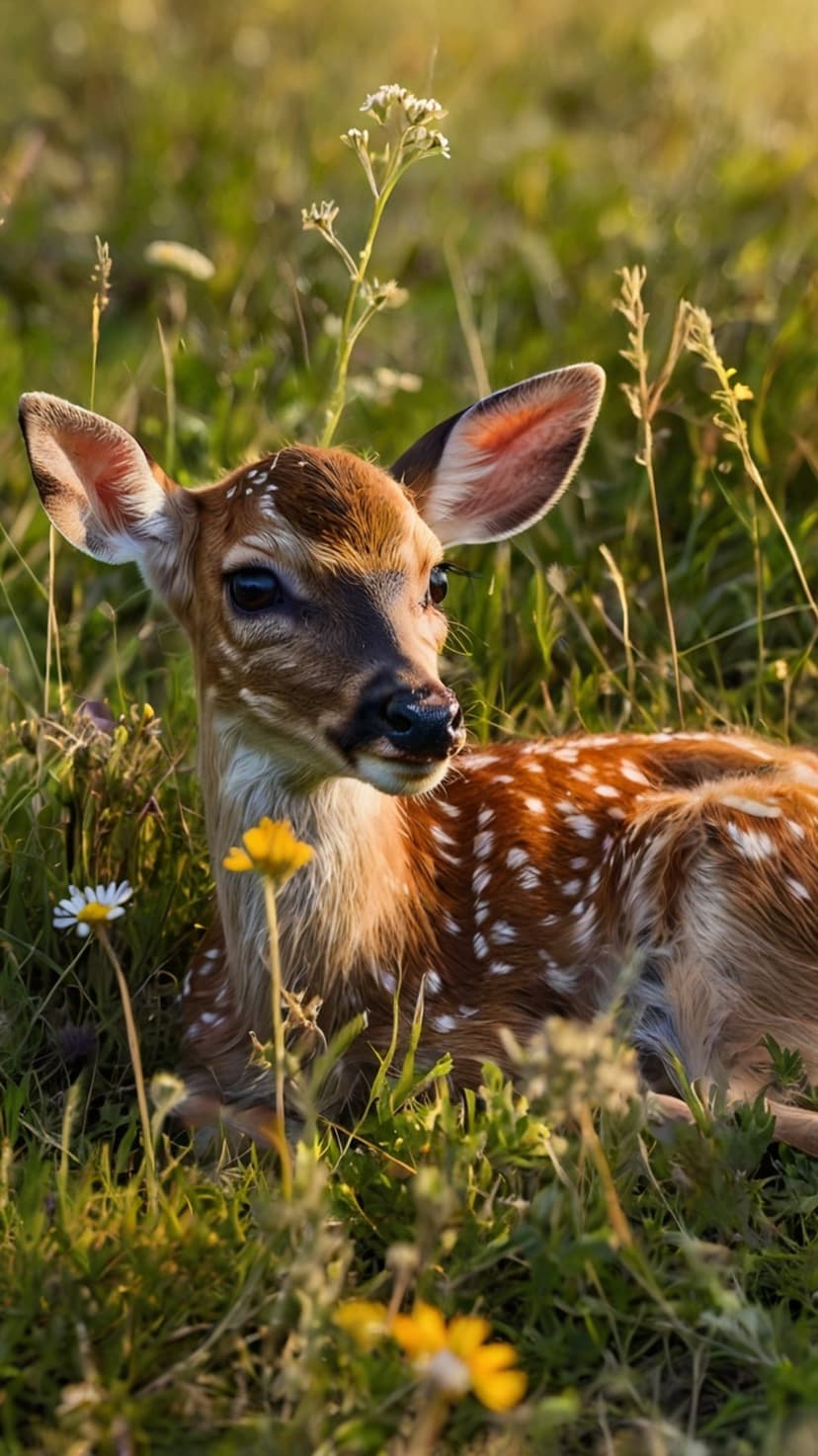 Young spotted fawn with large dark eyes resting in tall green grass and wildflowers under warm sunlight.