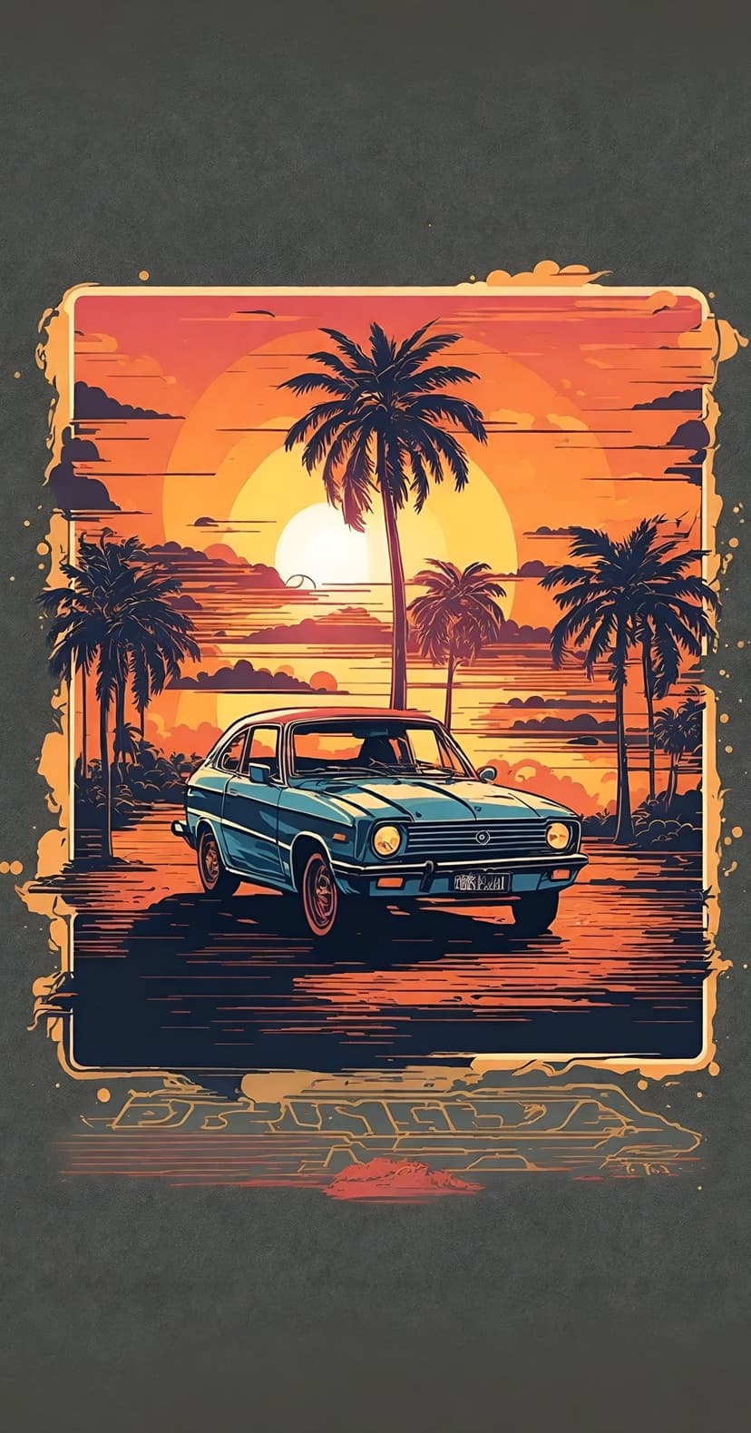 Blue vintage car parked on a sandy beach during a bright orange sunset with several tall palm tree silhouettes.