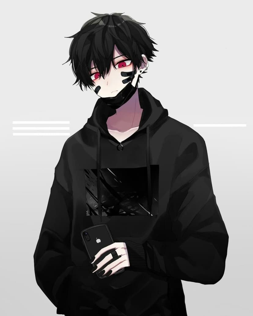 Anime boy with spiky black hair, red eyes, and facial markings holding a smartphone with black painted nails.