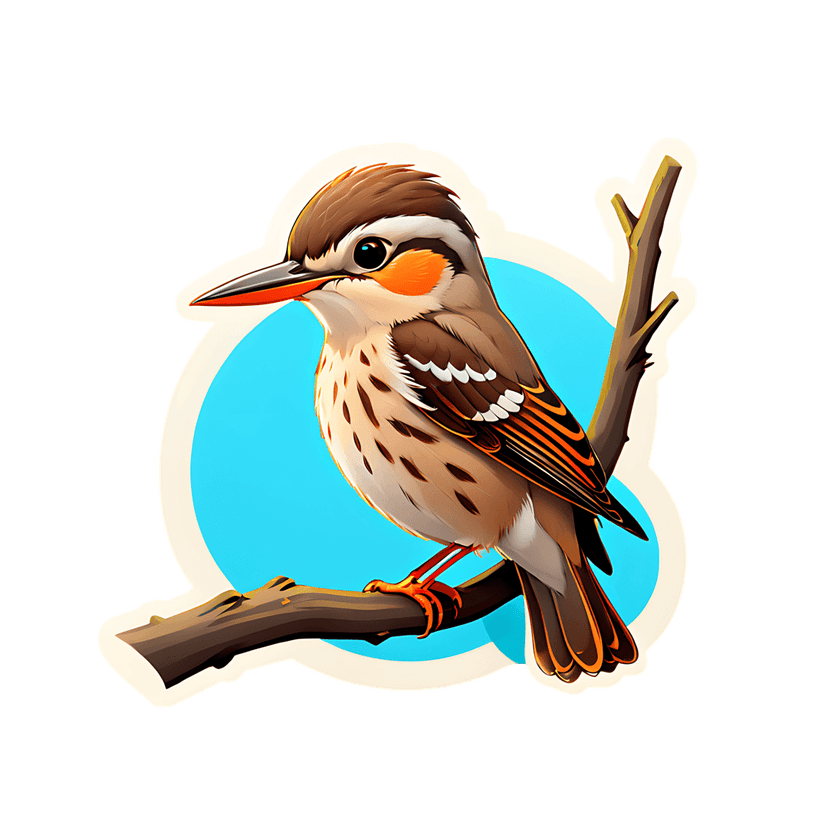 Songbird sticker with brown feathers and orange chest perched on a branch against a blue circular background.