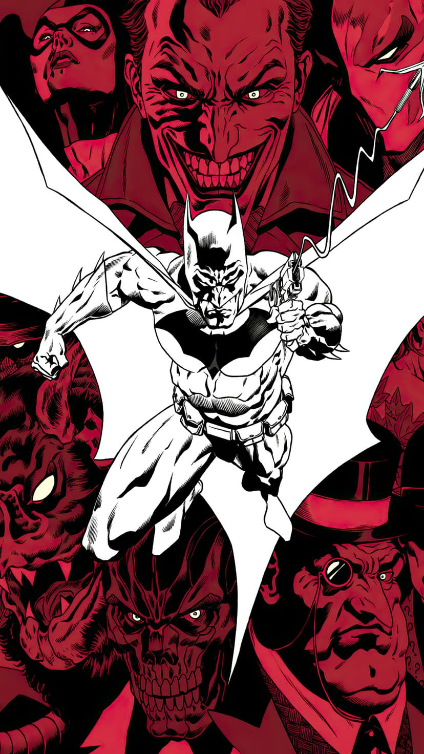 Batman holds a weapon surrounded by Joker, Catwoman, and Penguin in a red and black comic book scene.