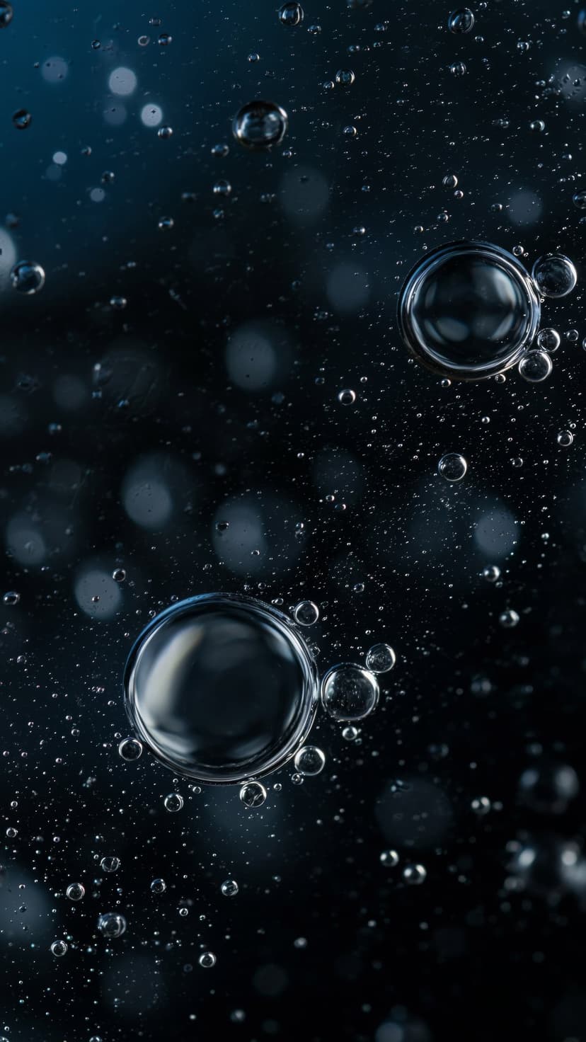 Translucent bubbles of various sizes suspended in a dark, viscous liquid with sharp light reflections on surfaces.