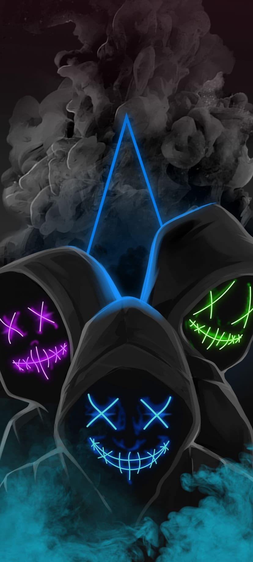 Hooded figures wearing glowing purple, blue, and green neon masks stand before a luminous blue triangle and smoke.