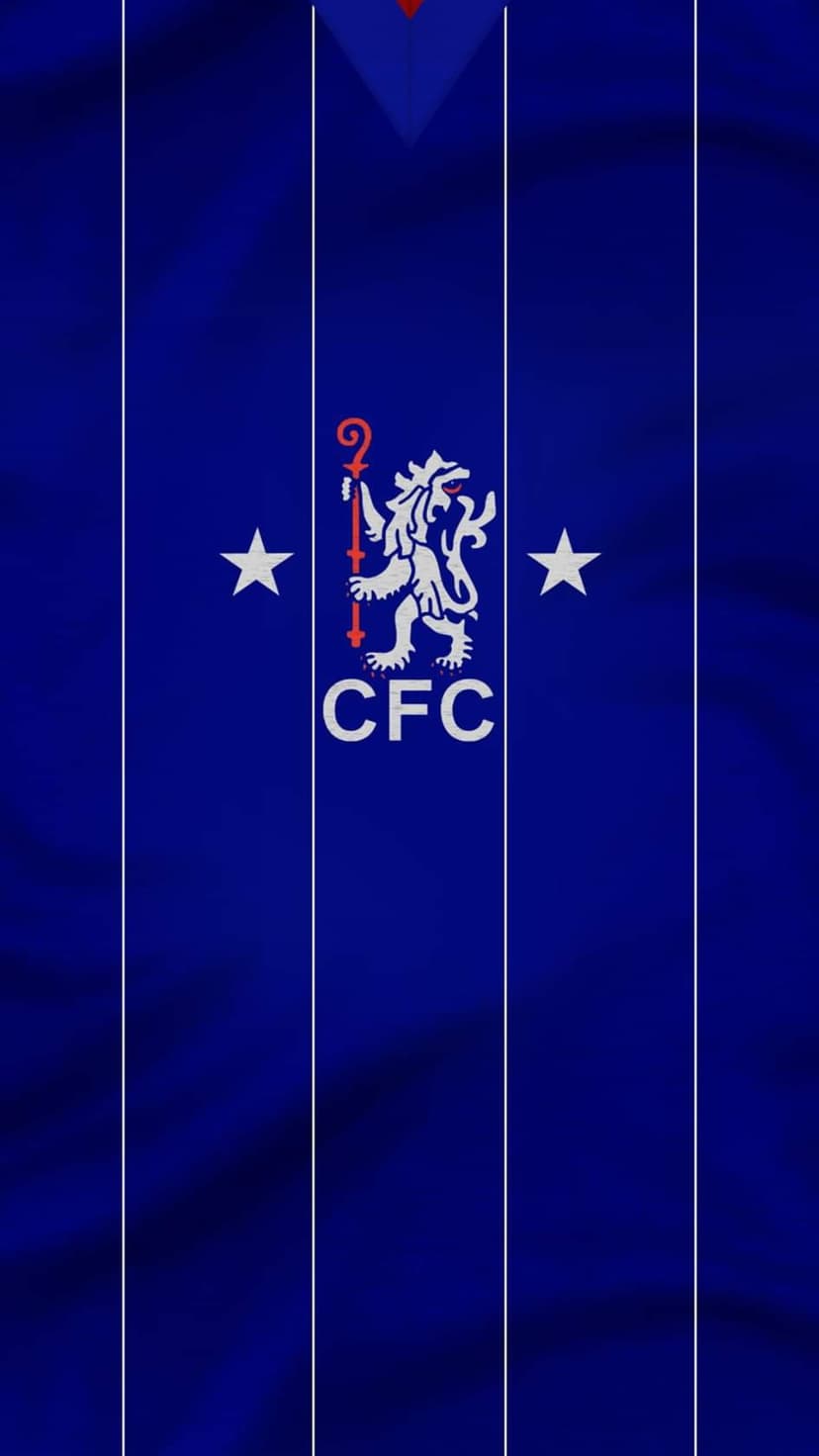 Chelsea lion logo with two white stars centered on a dark blue pinstriped jersey fabric background.