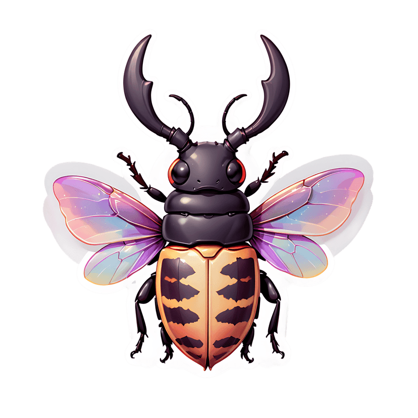 Stag beetle sticker graphic displays iridescent purple wings, glossy black body, and orange patterned elytra.