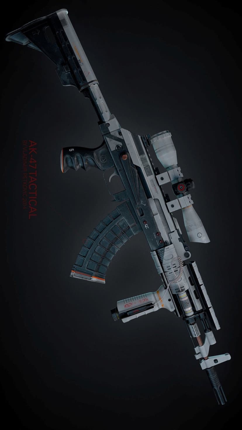Futuristic AK-47 rifle with a tactical scope and red dot sight on a matte grey and white mechanical frame.