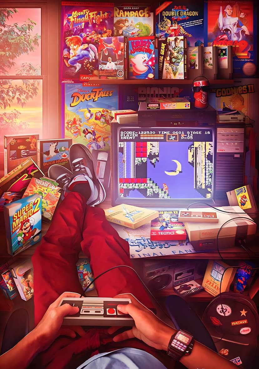 Retro NES console and vintage game cartridges sit near a glowing CRT television in a cozy bedroom setting.