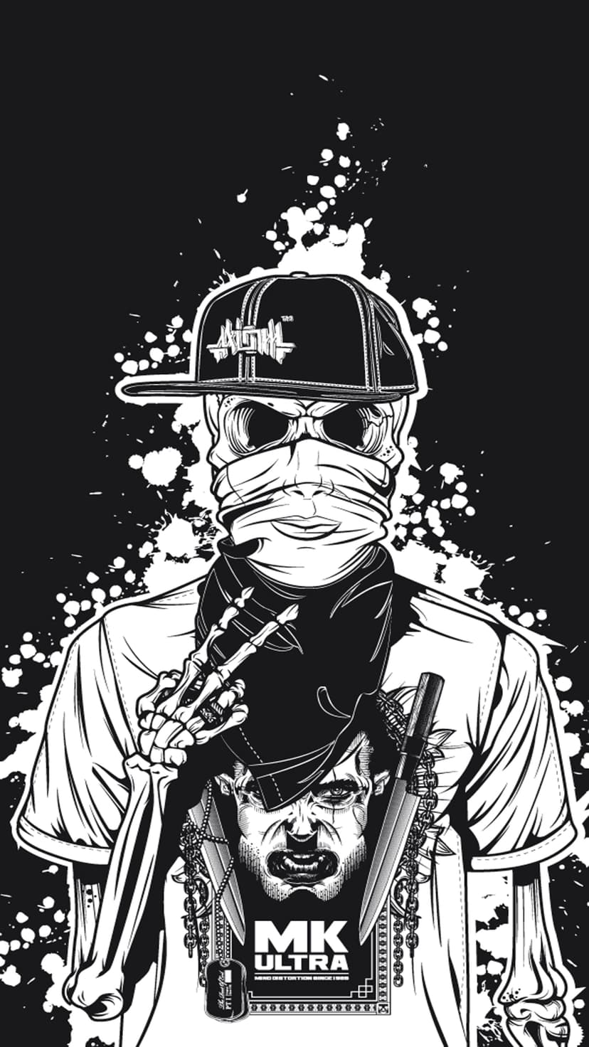 Menacing skeleton wearing a baseball cap and bandana holds a knife next to MK ULTRA text in black and white.