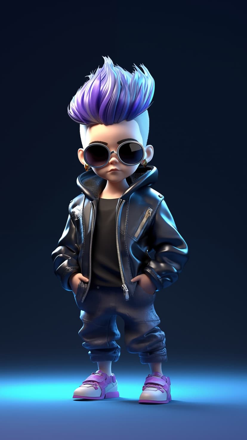 Young boy with spiky purple hair wearing a black leather jacket and sunglasses against a dark blue background.