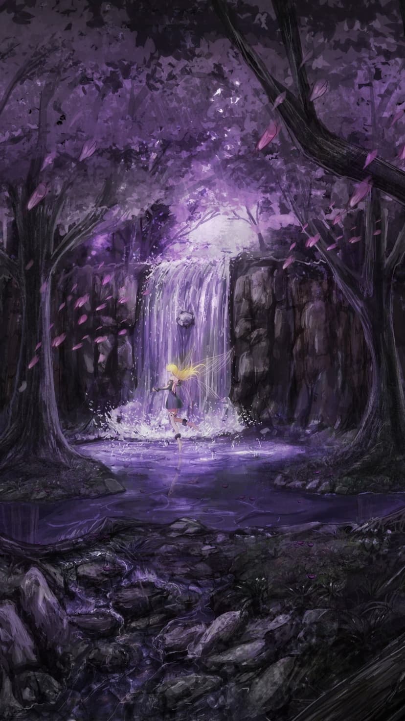 A lone girl stands before a glowing purple waterfall in a dense, mystical forest with luminous foliage.