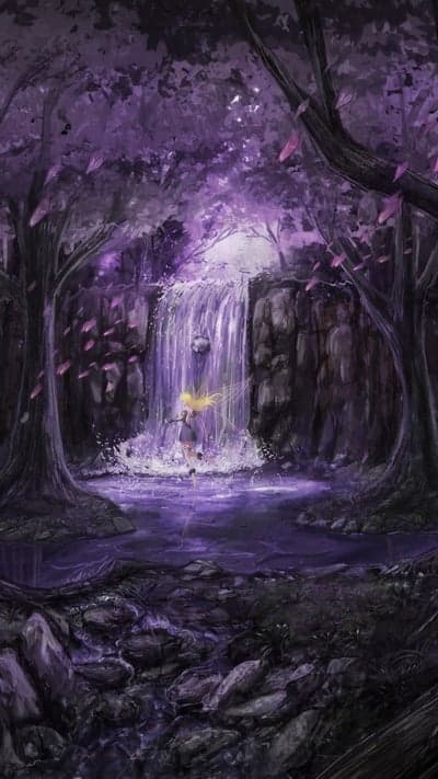 Purple Forest Waterfall | Fantasy Anime Landscape with Character