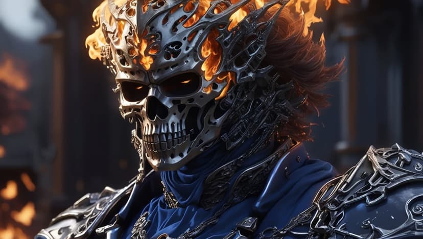 Skeletal knight in engraved silver armor with a flaming helmet against a dark background of glowing embers.