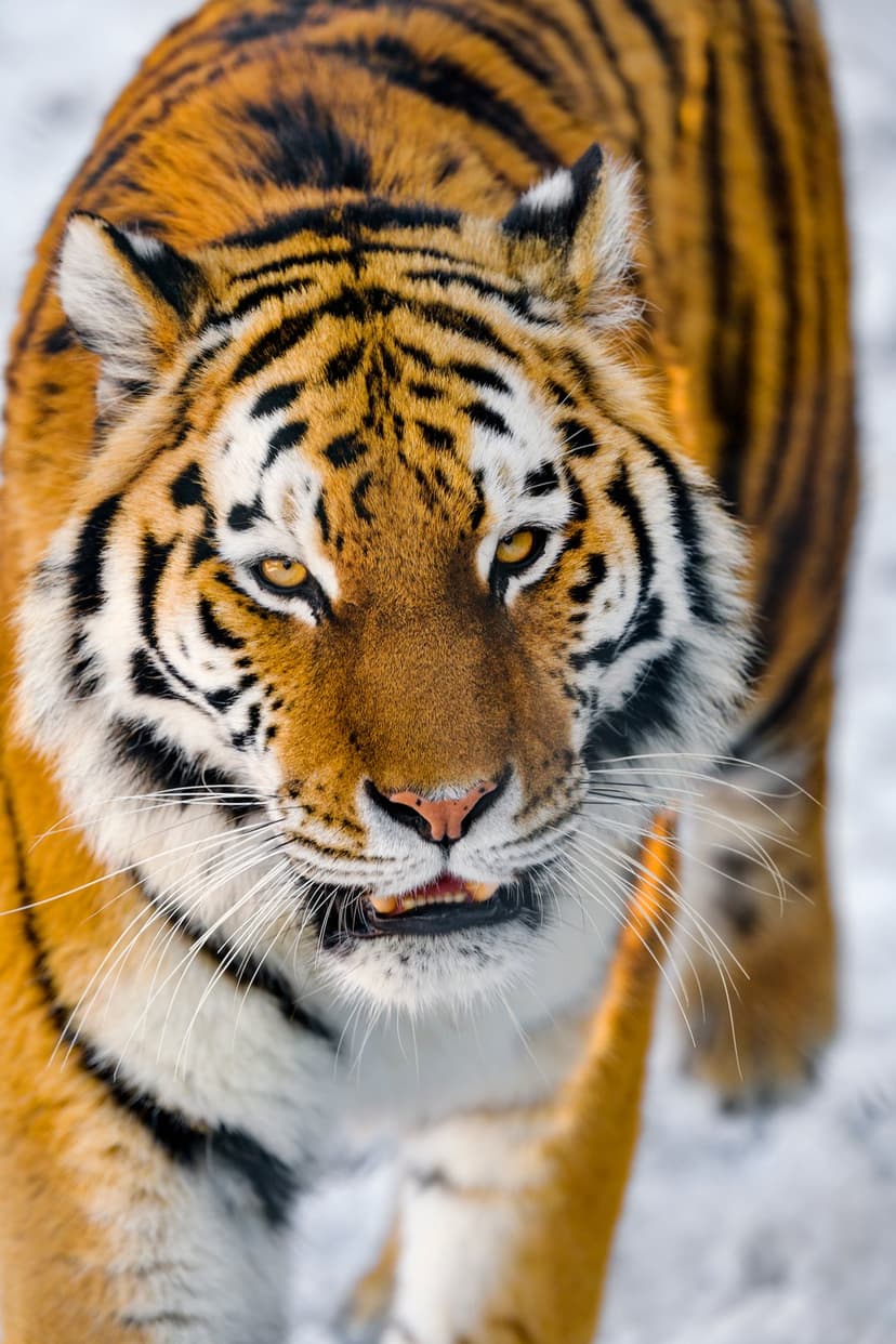 Siberian tiger face with amber eyes and black stripes against a blurred white snow background in a close-up shot.