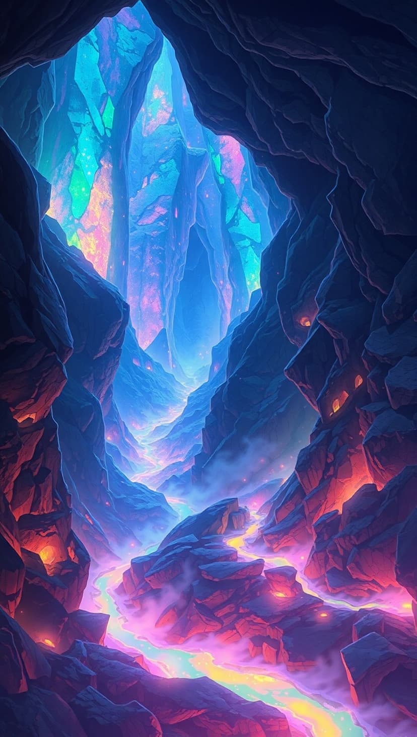 Winding turquoise river flows through a dark cavern lit by radiant pink and purple crystals and floating mist.