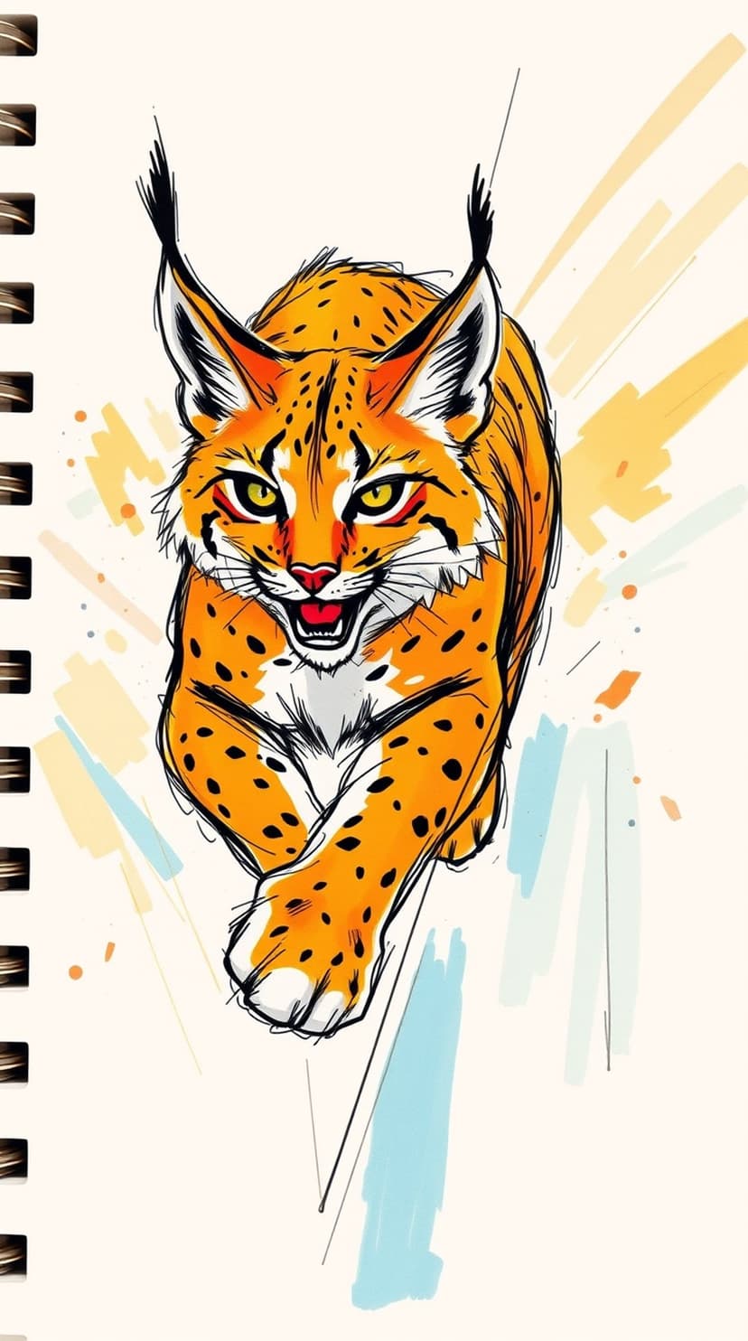 Lynx with tufted ears and amber fur lunges forward amidst black outlines and vibrant orange brushstrokes.