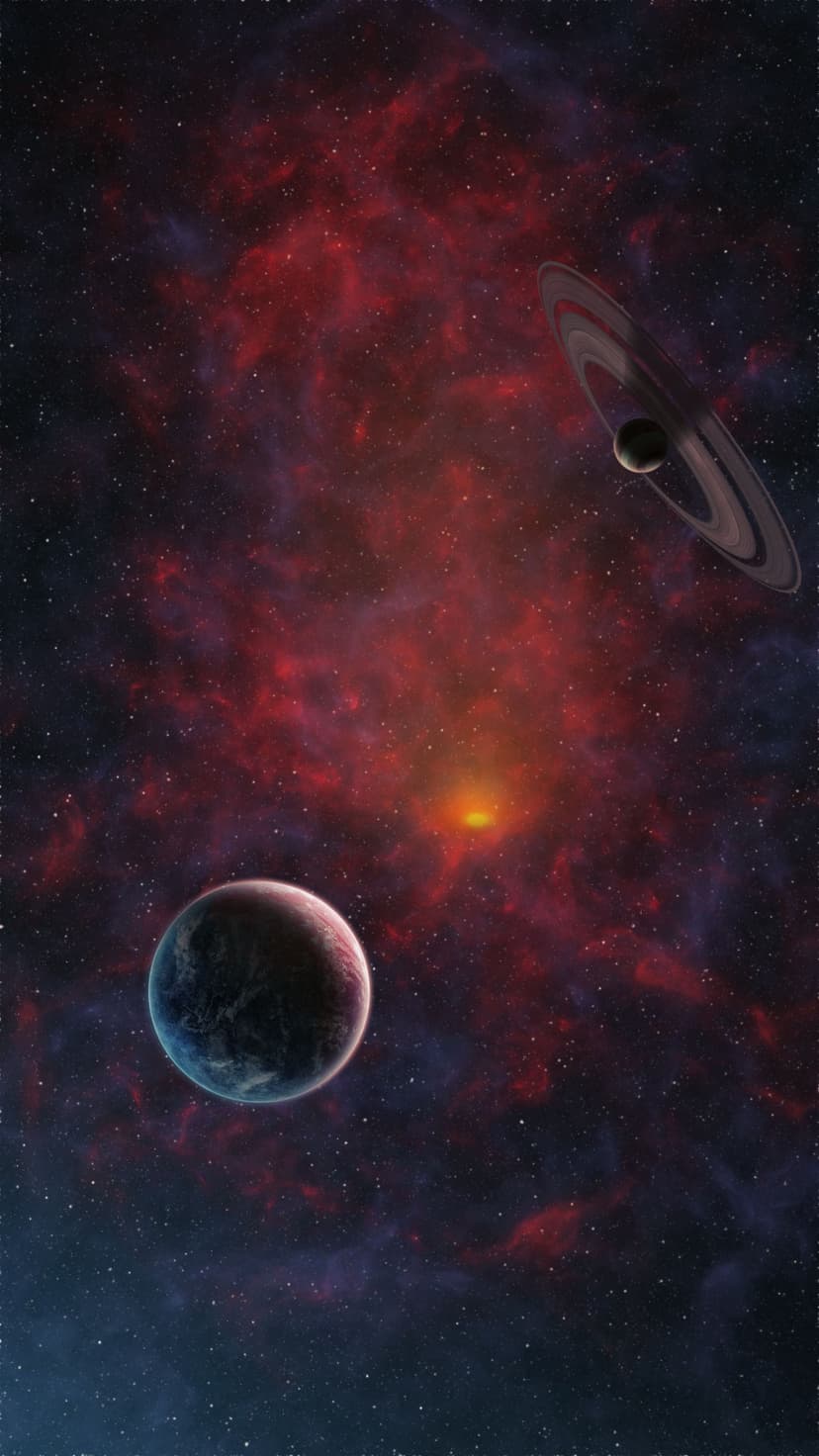 Red and blue nebula surrounds a textured planet and a distant ringed celestial body amidst glowing stars.