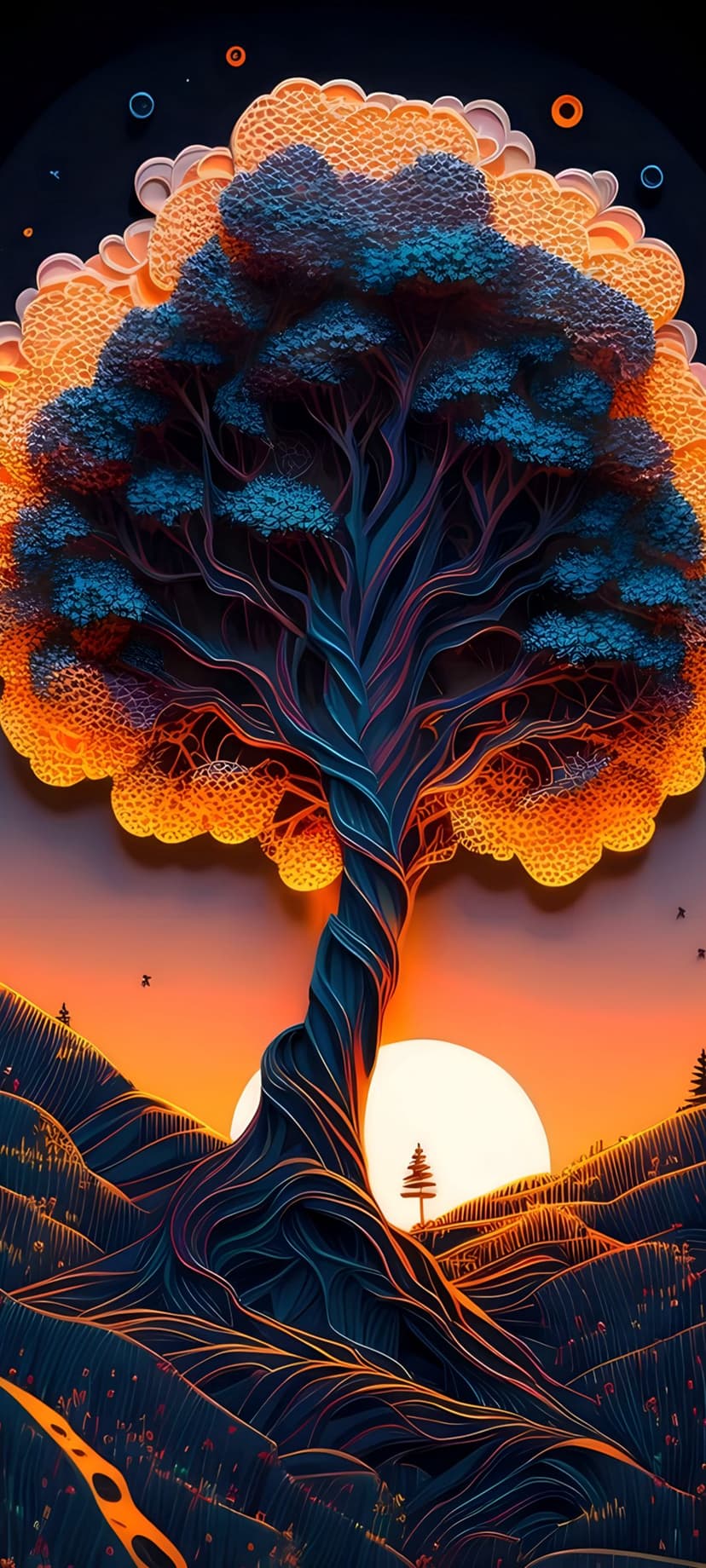 Dark blue tree with orange foliage and thick roots stands on rolling hills under a large sun in an orange sky.