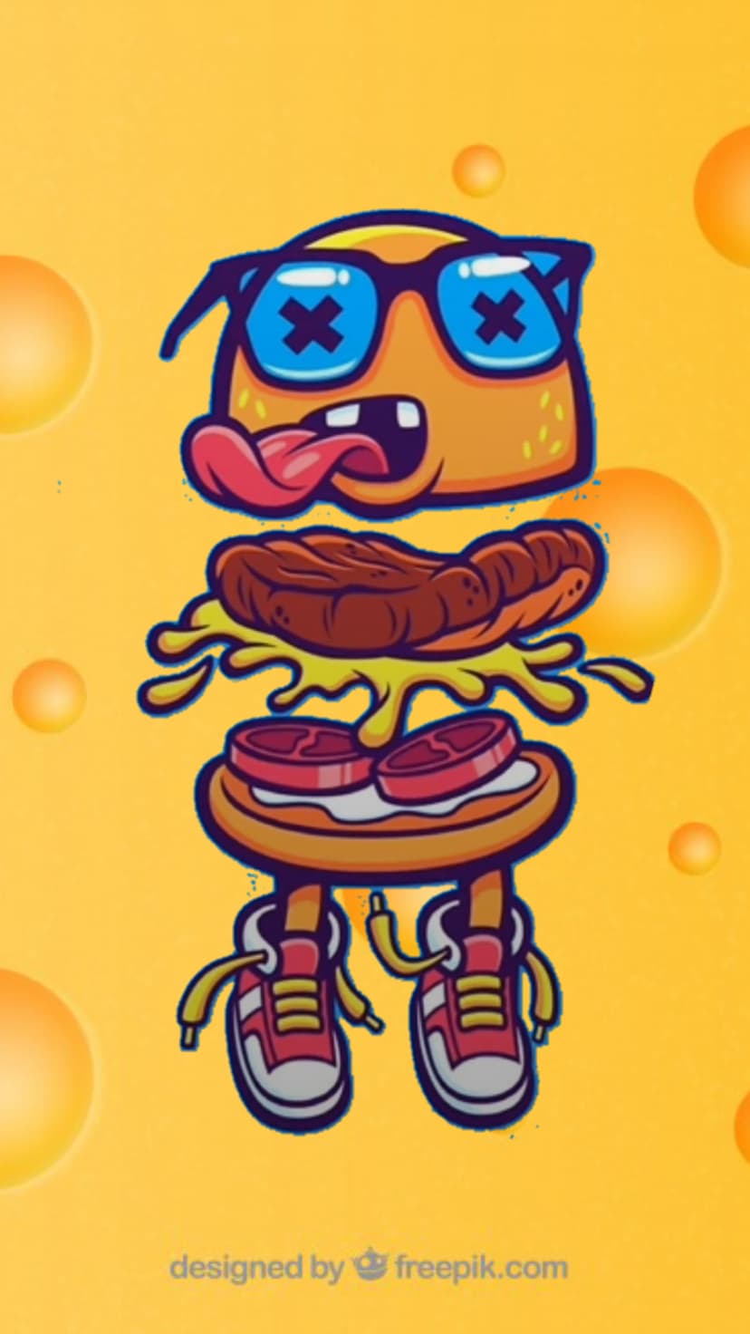 Burger character with blue sunglasses, a long pink tongue, and red sneakers on a yellow patterned background.